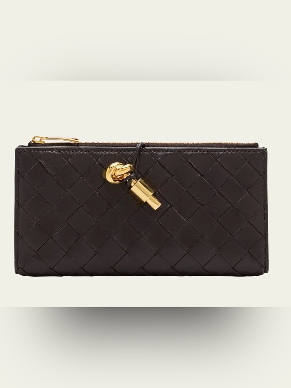 Bottega Veneta Dark Brown Intrecciato Zip Wallet with Gold Hardware